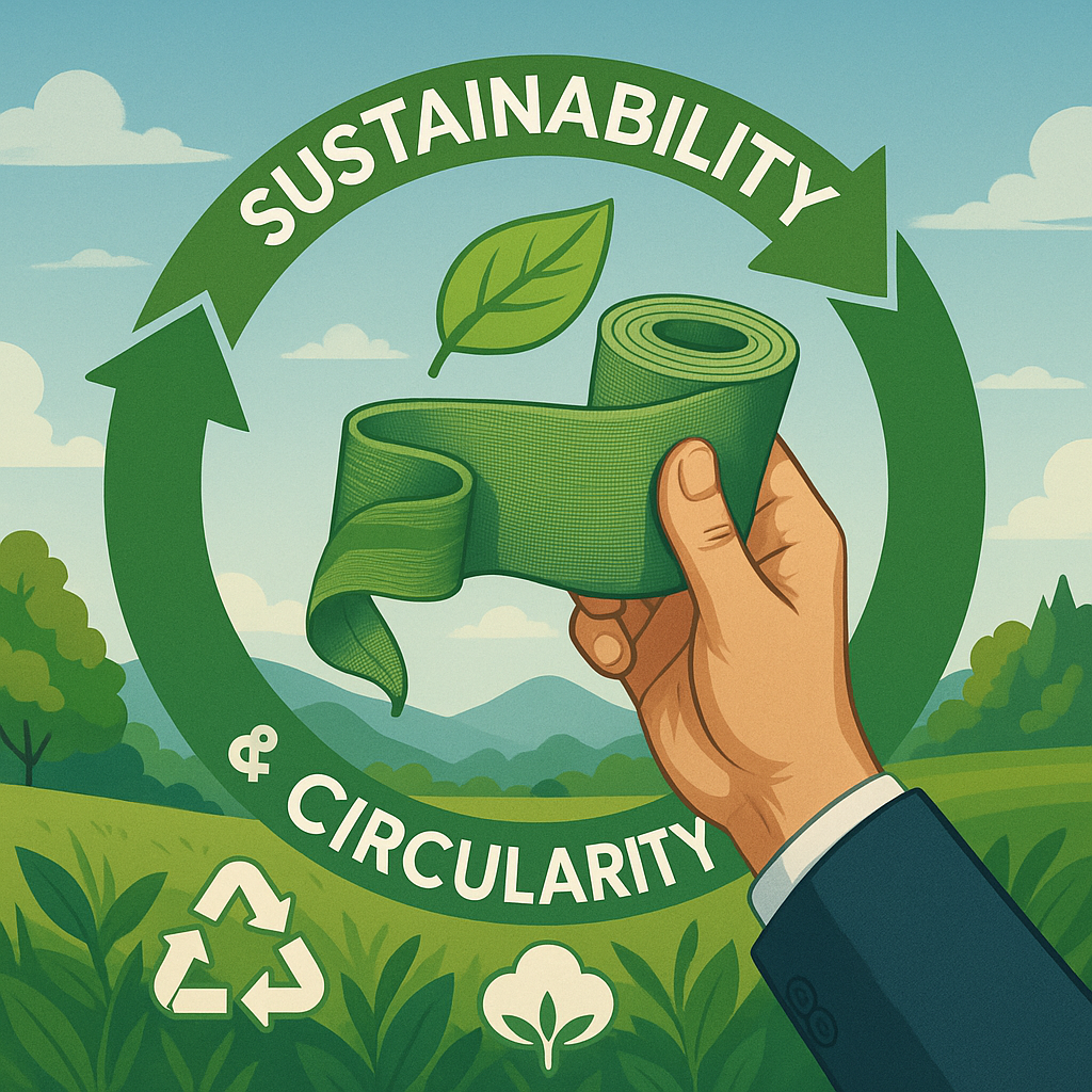Ilustración de sostenibilidad y circularidad textil con símbolo de reciclaje.