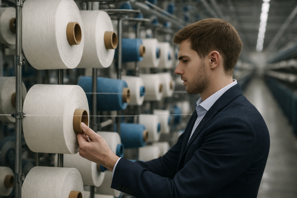 Técnico inspeccionando bobinas de hilo en línea de producción textil.