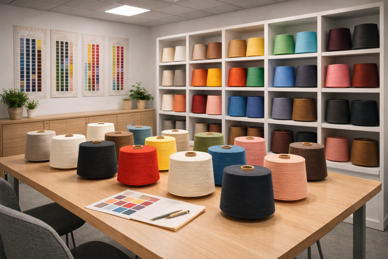 Bobinas de hilo blanco almacenadas en pasillo de fábrica textil.